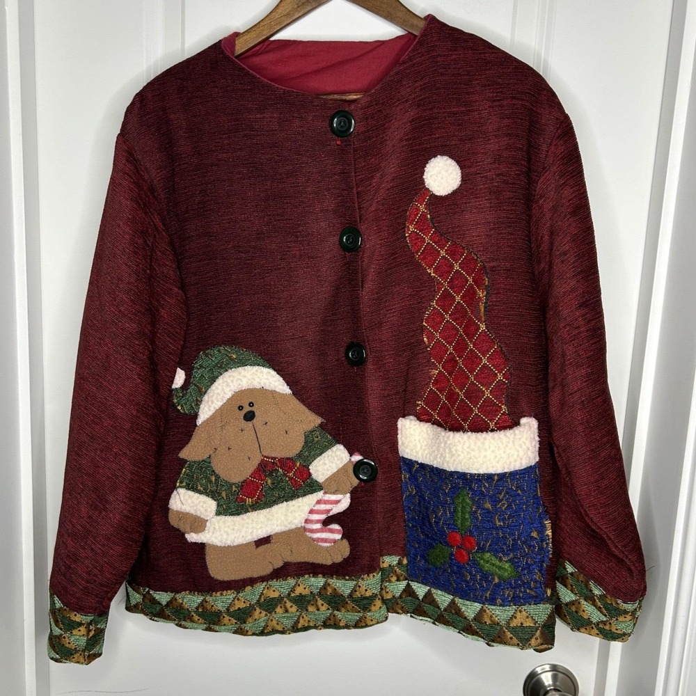 Womens Vintage Christmas Sweater Jacket Cardigan Red Green L Granny